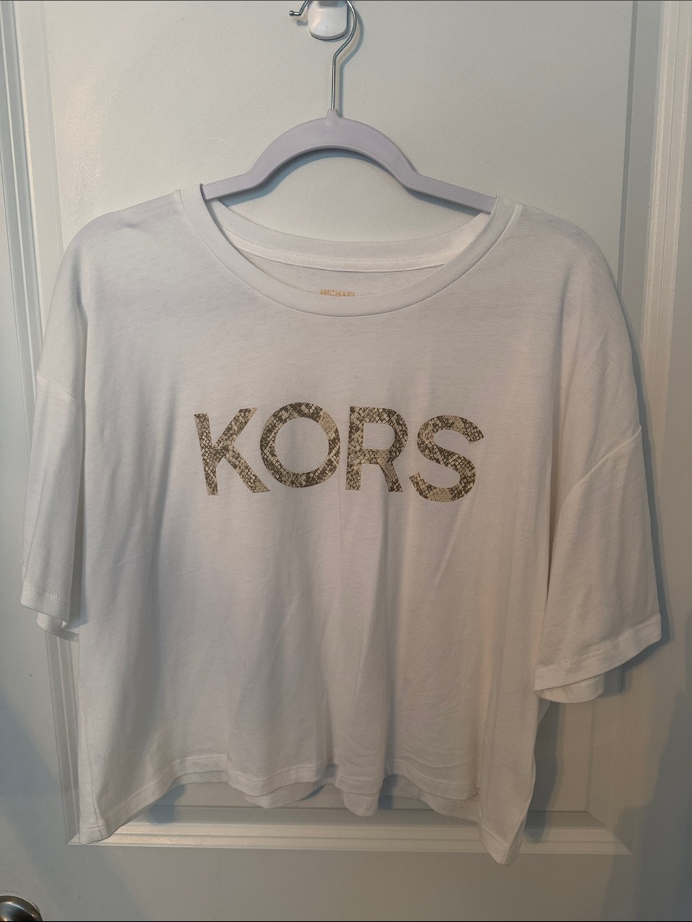 Michael Kors White Crop Tee with Gold Snake-Print KORS Logo
